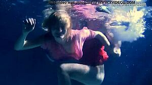 russian lesbian babes splash kiss and grope juicy tits underwater in pool