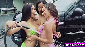 Hot Carwash Babes Suck and Fuck Big Cocks in 4some!