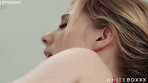 Blonde babe rides big cock doggystyle then takes cumshot on pussy in passionate couple sex