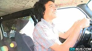 Innocent teen slut sucks cock on public bus for cash