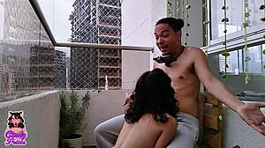 we're fucking on balcony but construction yells interrupt us