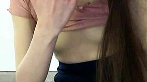 Russian Brunette Dildo Rides Pussy Sucks Fingers Reverse Cowgirl Close-Up Short Skirt Small Tits