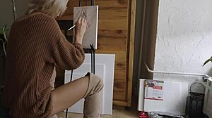 Blonde Babe In Glasses Paints Pretty Pussy Flower Solo Tease