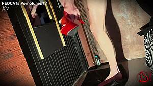 red high heel slut milf moans as cum covers her perky mature tits