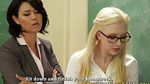Milf teacher, finger your teen student's ass with toys in classroom first-time lesbian play?