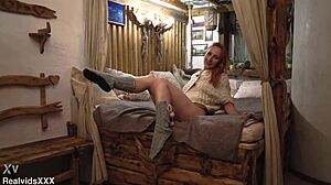 Sensual Redhead Strips Clothes Rips Fabric and Gropes Shaved Pussy with Natural Tits