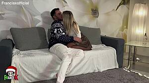 blonde bombshell in black lingerie submits to rough christmas pounding and cumshots