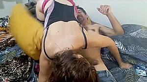 French Amateur in Satin Lingerie Corset Thong Heels Licks Ass Balls Blowjob Cowgirl