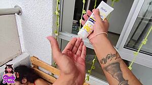 we're fucking on balcony but construction yells interrupt us