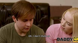 daddy4k fucks son's girlfriend shaved pussy while watching