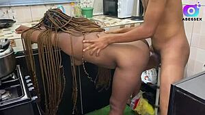 petite ebony babe adam rides big cock cowgirl then doggy creampie in kitchen