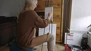 Blonde Babe In Glasses Paints Pretty Pussy Flower Solo Tease