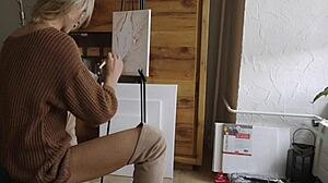 Blonde Babe In Glasses Paints Pretty Pussy Flower Solo Tease