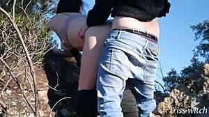 triss-witch gives hike blowjob then bends for forest doggystyle creampie