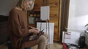 Blonde Babe In Glasses Paints Pretty Pussy Flower Solo Tease