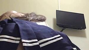 Russian Brunette Dildo Rides Pussy Sucks Fingers Reverse Cowgirl Close-Up Short Skirt Small Tits