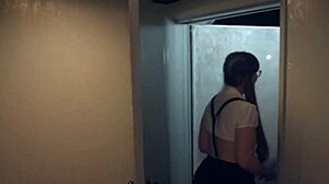 thick horny teen slut with glasses fucks tight wet pussy on halloween monster at door