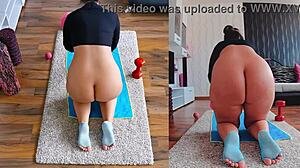 Curvy milf spreads fat ass in naked yoga workout dual cam view