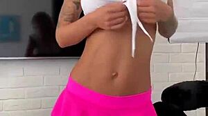 Sexy Monika Fox Strips Pink Miniskirt Teasing Big Tits And Shaved Pussy!