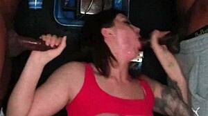 StepMom Gags on Our Monster Cocks in Phone Booth Blowbang Frenzy!