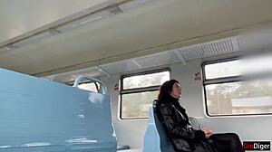 Stranger shocked flashing huge cock to brunette on public train