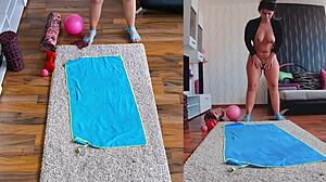 Curvy milf spreads fat ass in naked yoga workout dual cam view