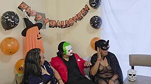 Stepmom stepdaughter stepson halloween ffm juicy pussy threesome