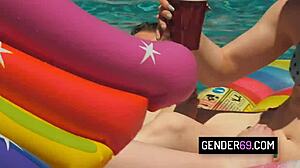 four shemales dive into bareback blowjobs at wild pool orgy