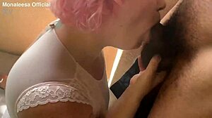 Chubby big tits milf gags on huge BBC deepthroat balcony blowjob choking till facial cumshot