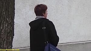 Redhead bbw milf hikes skirt unleashing golden shower in crowded public spot