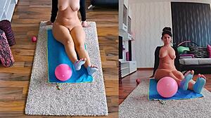 Curvy milf spreads fat ass in naked yoga workout dual cam view