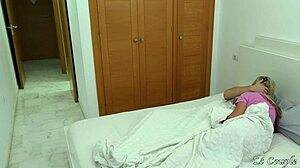 Wife's horny girlfriend sneaks into our bedroom early morning to watch big cock creampie riding and spooning moans