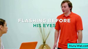 pigtailed blondie masseuse slides wet naked body over horny client's hard cock