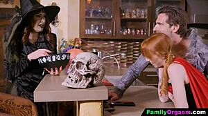 stepdad and stepdaughter in pigtails stockings cheat on stepmom with deepthroat pussy licking last halloween