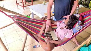 😲 lazy sunday flow caught stroking her big pussy lips on balcony hammock wanna join? 