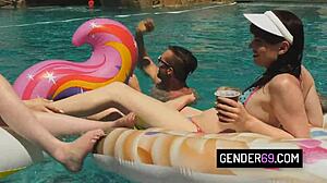 four shemales dive into bareback blowjobs at wild pool orgy