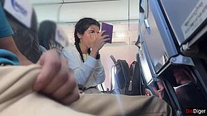 crazy babe flashes huge tits gives risky public airplane handjob till cum