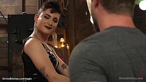 hot femdom domme pegs bound man's ass with strapon choking deepthroat