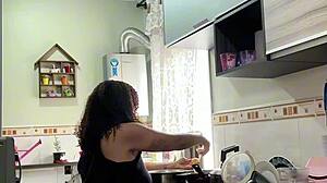 chubby latina housewife jiggles fat belly and big ass cooking in panties