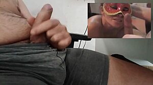 cuckold husband strokes his small cock furiously while fantasizing about monster cocks pounding his wife