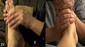 Amateur couple turns foot massage into slick footjob action