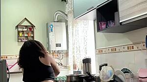 chubby latina housewife jiggles fat belly and big ass cooking in panties