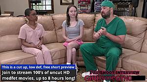 serena morgan spreads shaved pussy for humiliating rectal exam with anal fingering