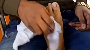 LICKIN HER FEET outside restaurant while she spits on my small cock cuck fantasy!