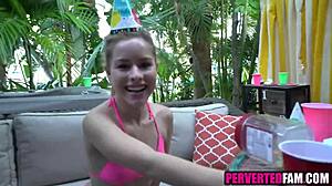 stepdaughter unwraps her tight pussy as birthday gift for stepdad