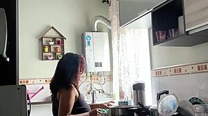 chubby latina housewife jiggles fat belly and big ass cooking in panties