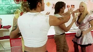 Hey milfs Diana Gold and Eva Mercedes devour cocks in messy foodie foursome frenzy!!