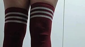 Cheeky Change Room Slut Tries Topless Nude Thigh-High Socks