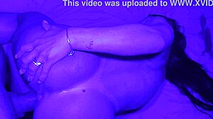 Blowjob and Creampie in Blue Light Room with Big Tits Latina Bodybuilder