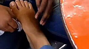 LICKIN HER FEET outside restaurant while she spits on my small cock cuck fantasy!